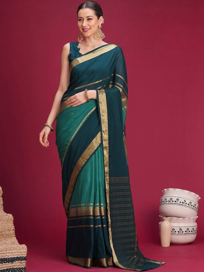 Teal woven design zari silk cotton handloom saree