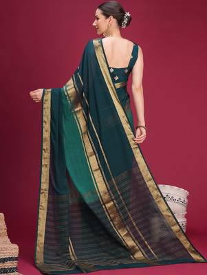Teal woven design zari silk cotton handloom saree 3