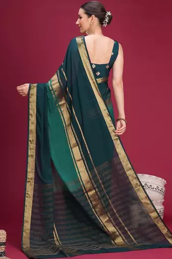 Teal woven design zari silk cotton handloom saree