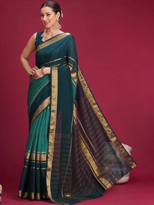 Teal woven design zari silk cotton handloom saree 4