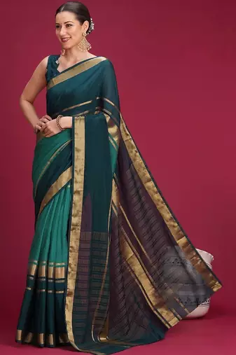 Teal woven design zari silk cotton handloom saree