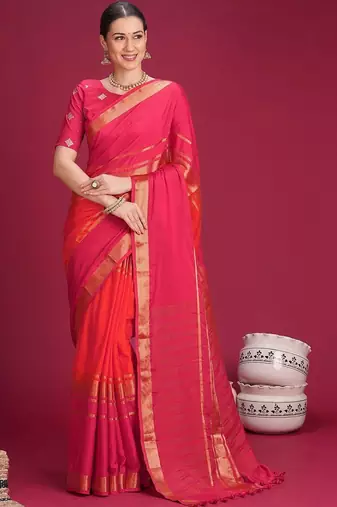 Pink woven design zari silk cotton handloom saree