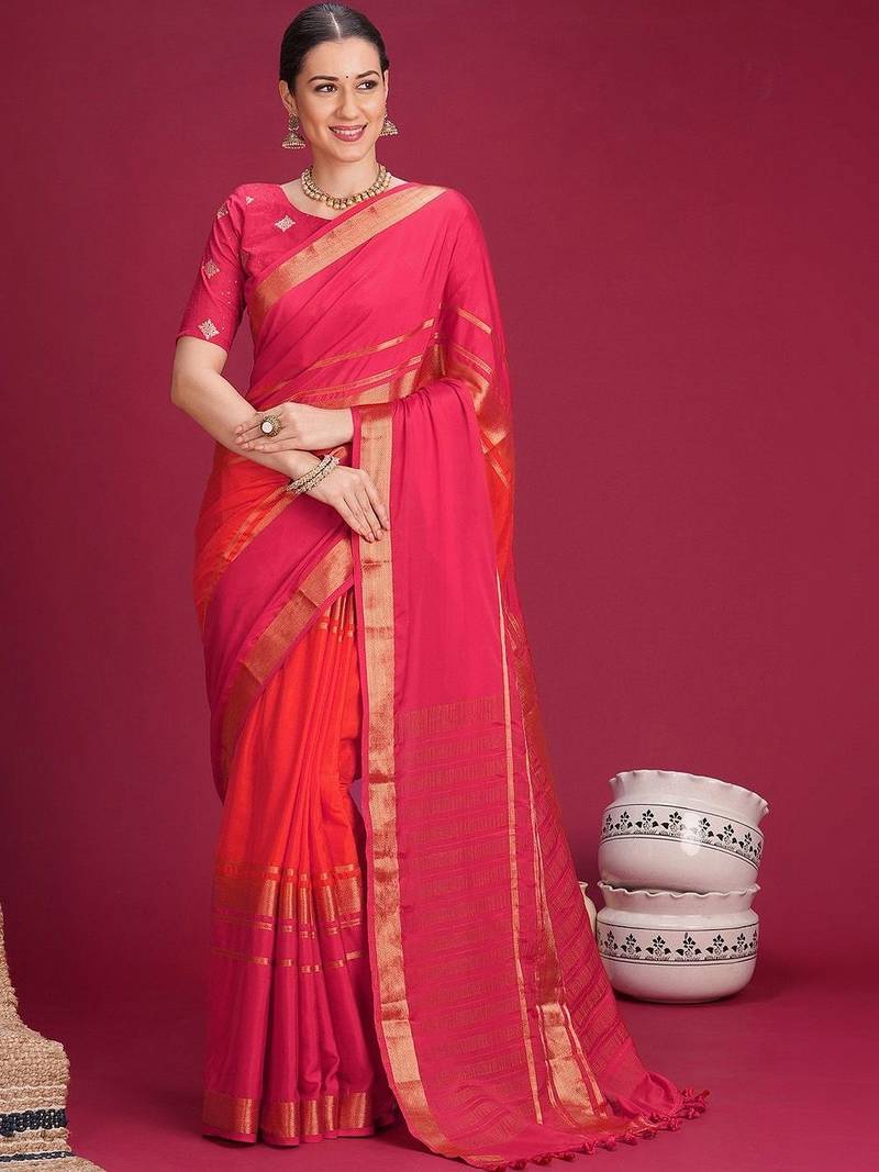 Pink woven design zari silk cotton handloom saree