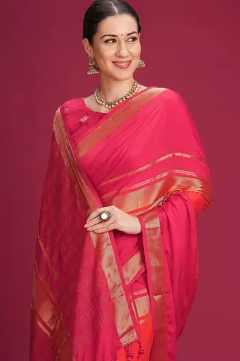 Pink woven design zari silk cotton handloom saree