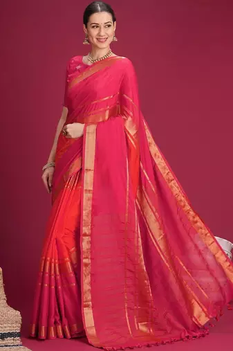 Pink woven design zari silk cotton handloom saree