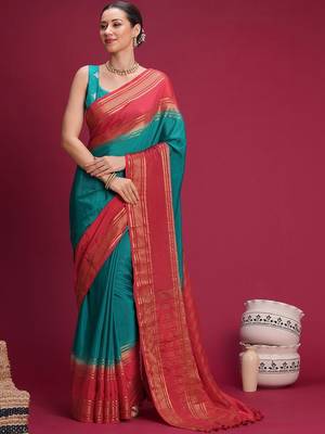 Teal woven design zari silk blend handloom saree 1