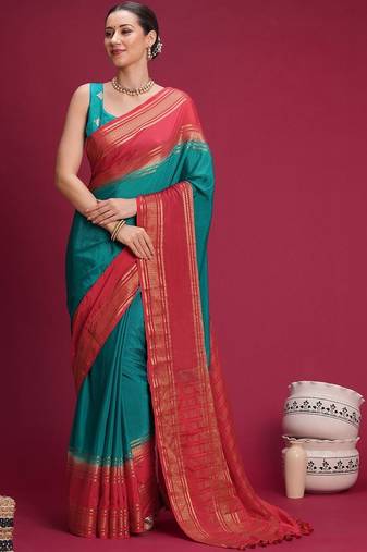 Teal woven design zari silk blend handloom saree