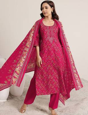 women ethnic motifs printed regular mirror work kurta with trousers & with dupatta 1