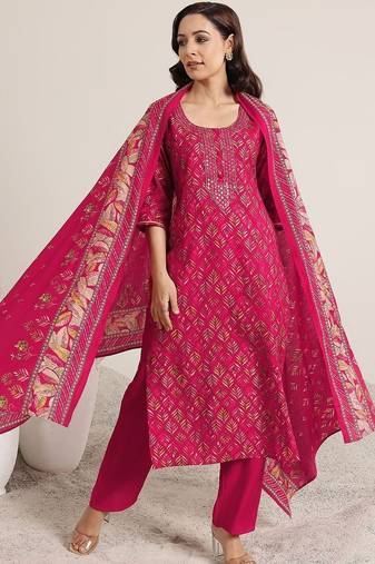 women ethnic motifs printed regular mirror work kurta with trousers & with dupatta
