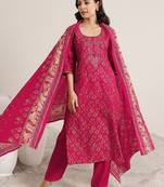 women ethnic motifs printed regular mirror work kurta with trousers & with dupatta