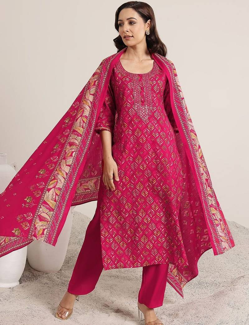 women ethnic motifs printed regular mirror work kurta with trousers & with dupatta