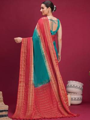 Teal woven design zari silk blend handloom saree 2