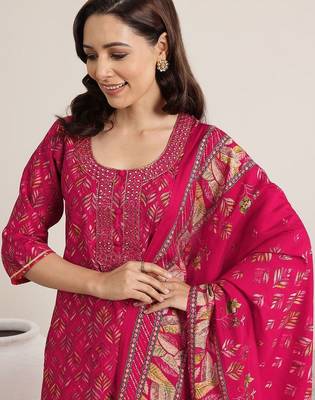 women ethnic motifs printed regular mirror work kurta with trousers & with dupatta 6