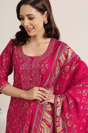 women ethnic motifs printed regular mirror work kurta with trousers & with dupatta