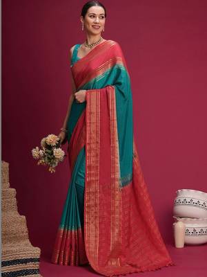 Teal woven design zari silk blend handloom saree 3