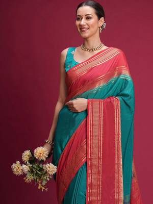 Teal woven design zari silk blend handloom saree 4