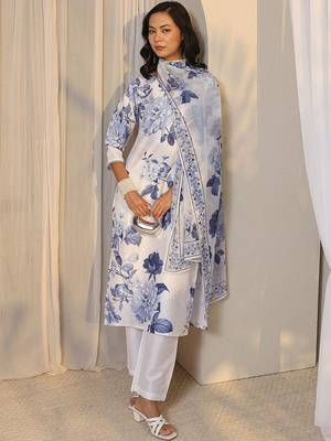 white floral printed chanderi silk straight suit set with dupatta 1
