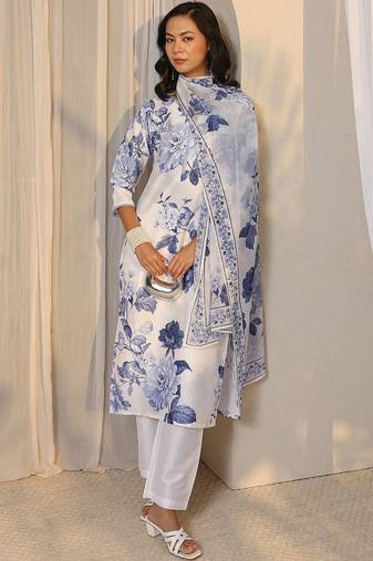 white floral printed chanderi silk straight suit set with dupatta