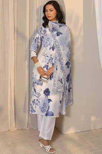 white floral printed chanderi silk straight suit set with dupatta