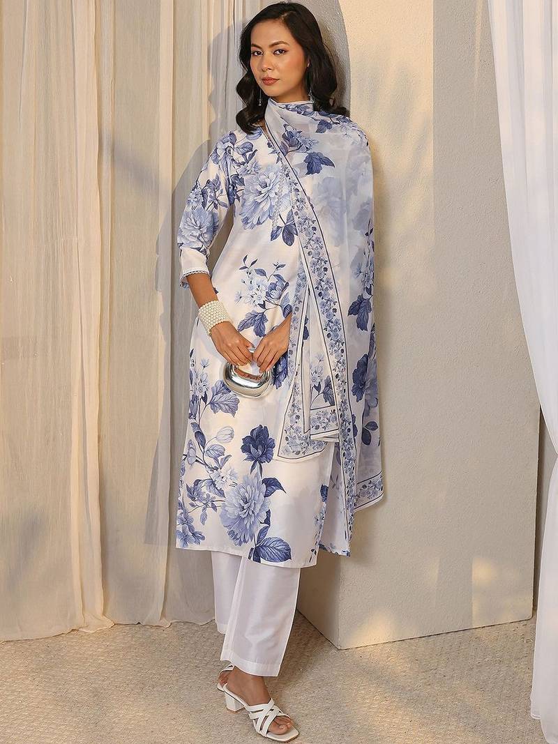 white floral printed chanderi silk straight suit set with dupatta