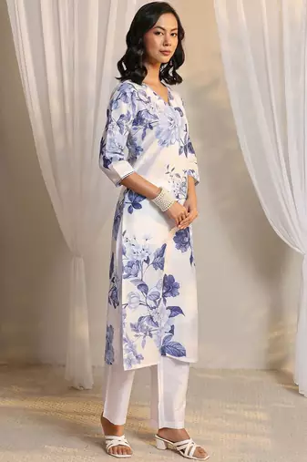 white floral printed chanderi silk straight suit set with dupatta