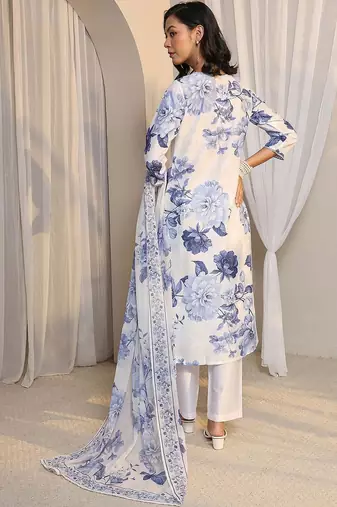 white floral printed chanderi silk straight suit set with dupatta