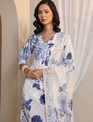 white floral printed chanderi silk straight suit set with dupatta 6