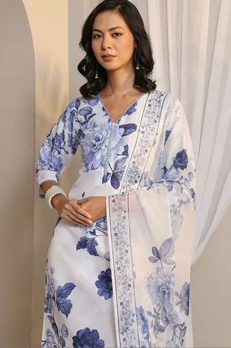 white floral printed chanderi silk straight suit set with dupatta