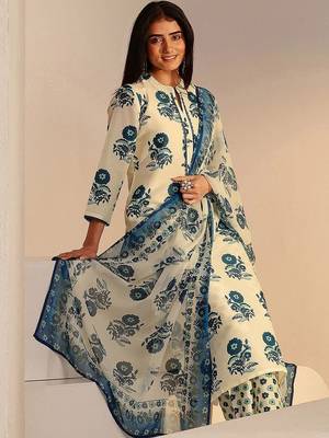 ivory floral printed straight cotton blend suit set 2