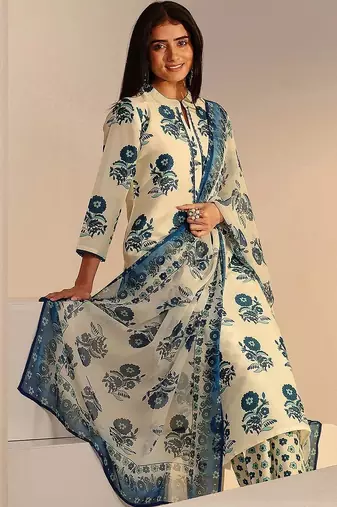 ivory floral printed straight cotton blend suit set