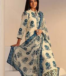 ivory floral printed straight cotton blend suit set