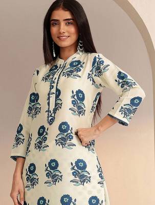 ivory floral printed straight cotton blend suit set 3