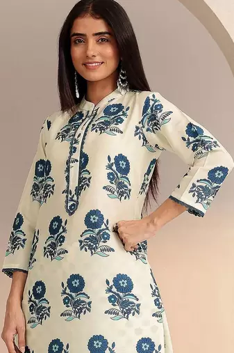 ivory floral printed straight cotton blend suit set