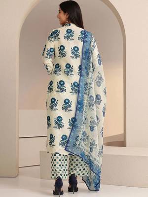 ivory floral printed straight cotton blend suit set 4