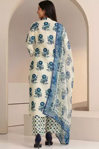 ivory floral printed straight cotton blend suit set