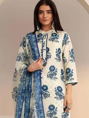 ivory floral printed straight cotton blend suit set 5
