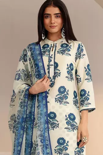 ivory floral printed straight cotton blend suit set
