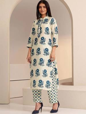 ivory floral printed straight cotton blend suit set 6