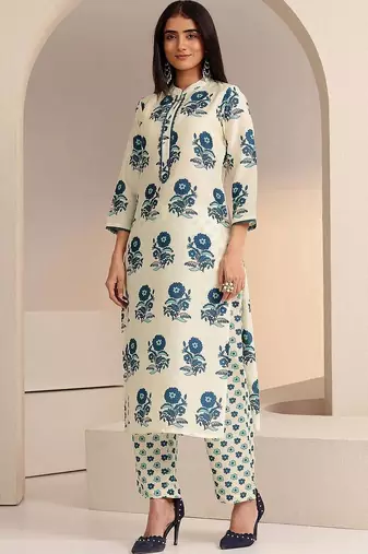 ivory floral printed straight cotton blend suit set
