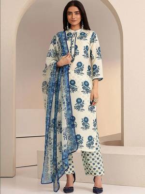ivory floral printed straight cotton blend suit set 1