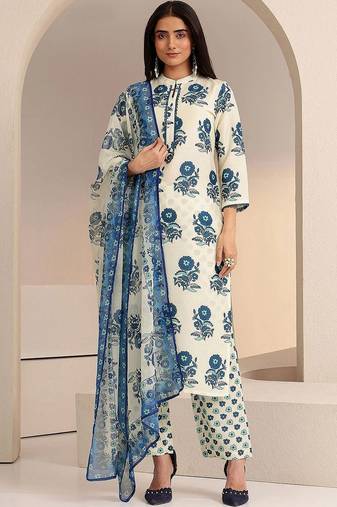 ivory floral printed straight cotton blend suit set
