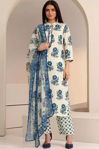 ivory floral printed straight cotton blend suit set