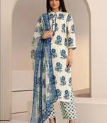 ivory floral printed straight cotton blend suit set