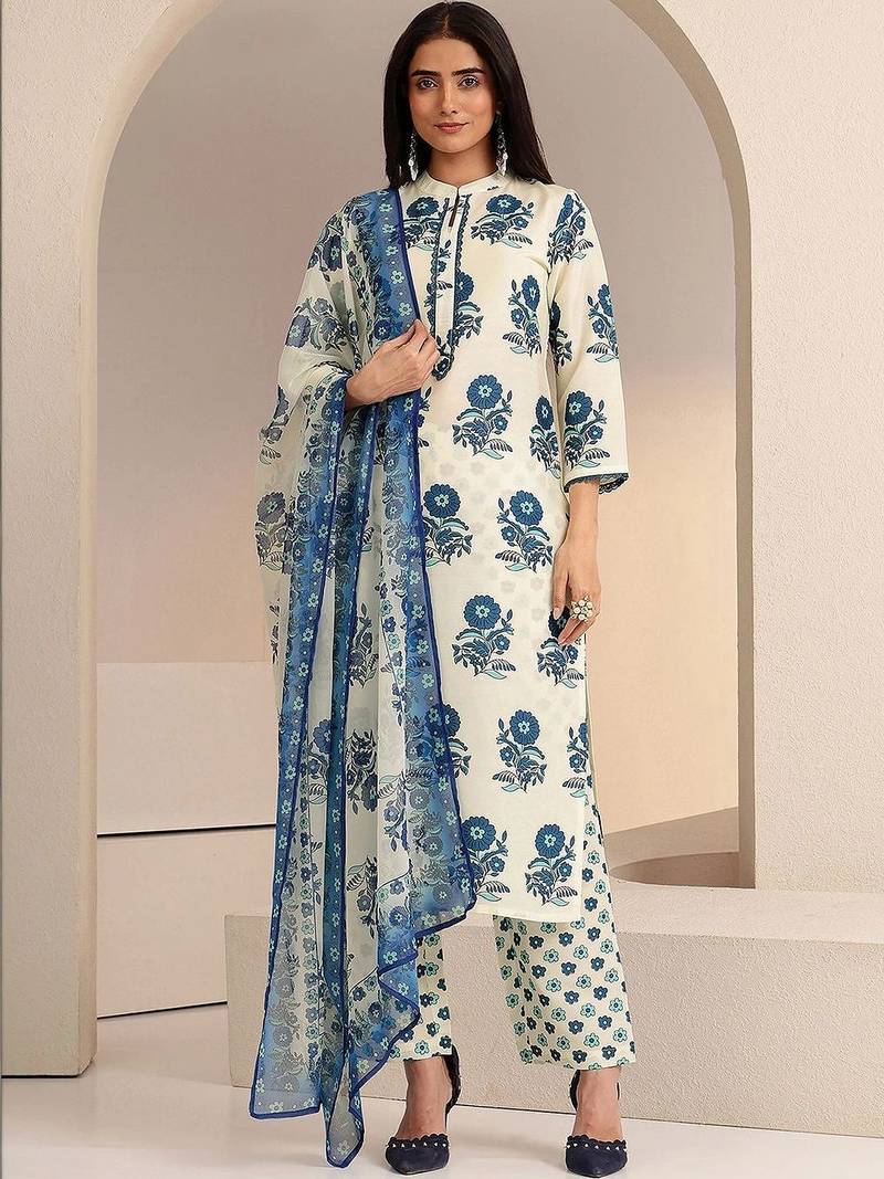 ivory floral printed straight cotton blend suit set