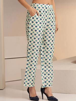 ivory floral printed straight cotton blend suit set 7