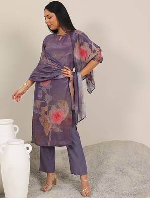 floral printed keyhole neck straight kurta with trousers & dupatta 1