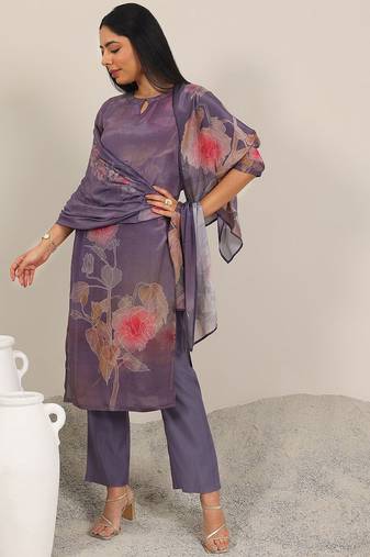 floral printed keyhole neck straight kurta with trousers & dupatta
