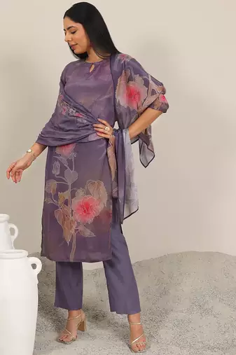 floral printed keyhole neck straight kurta with trousers & dupatta