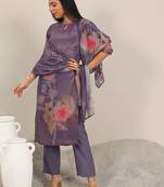 floral printed keyhole neck straight kurta with trousers & dupatta