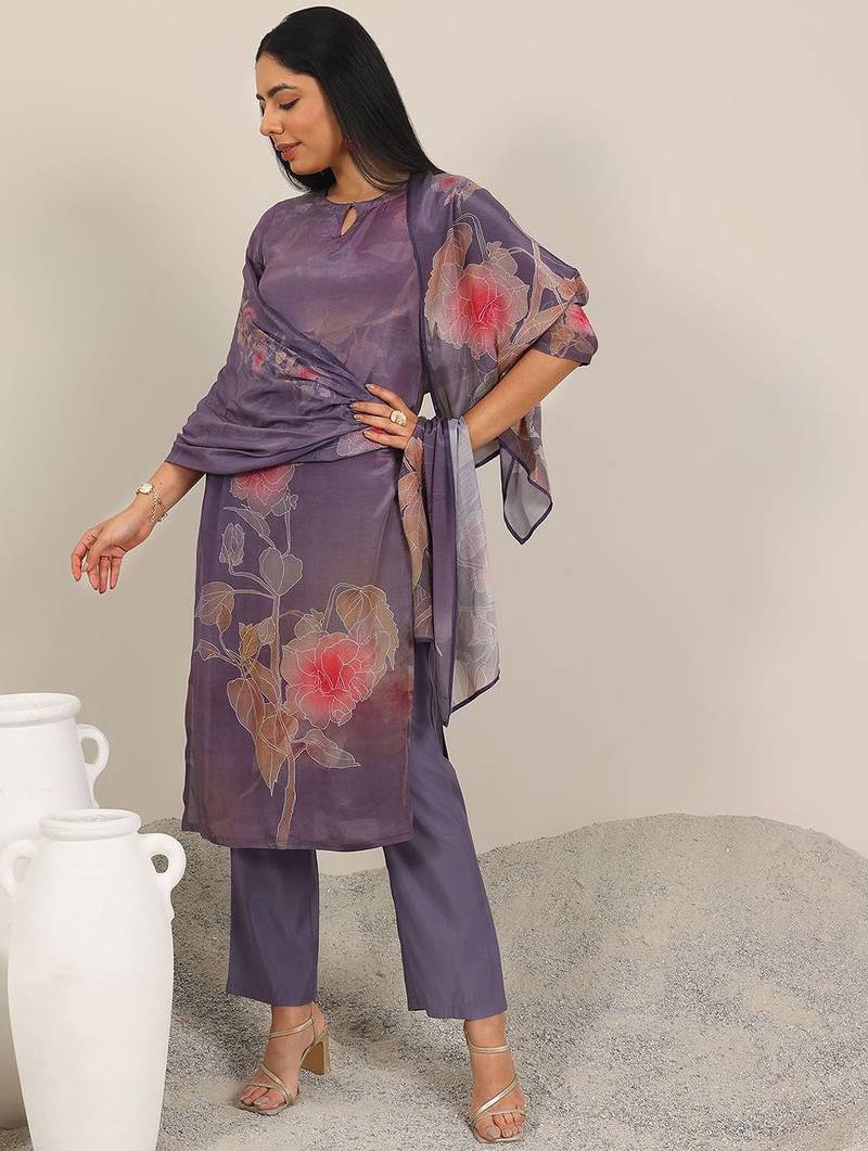 floral printed keyhole neck straight kurta with trousers & dupatta